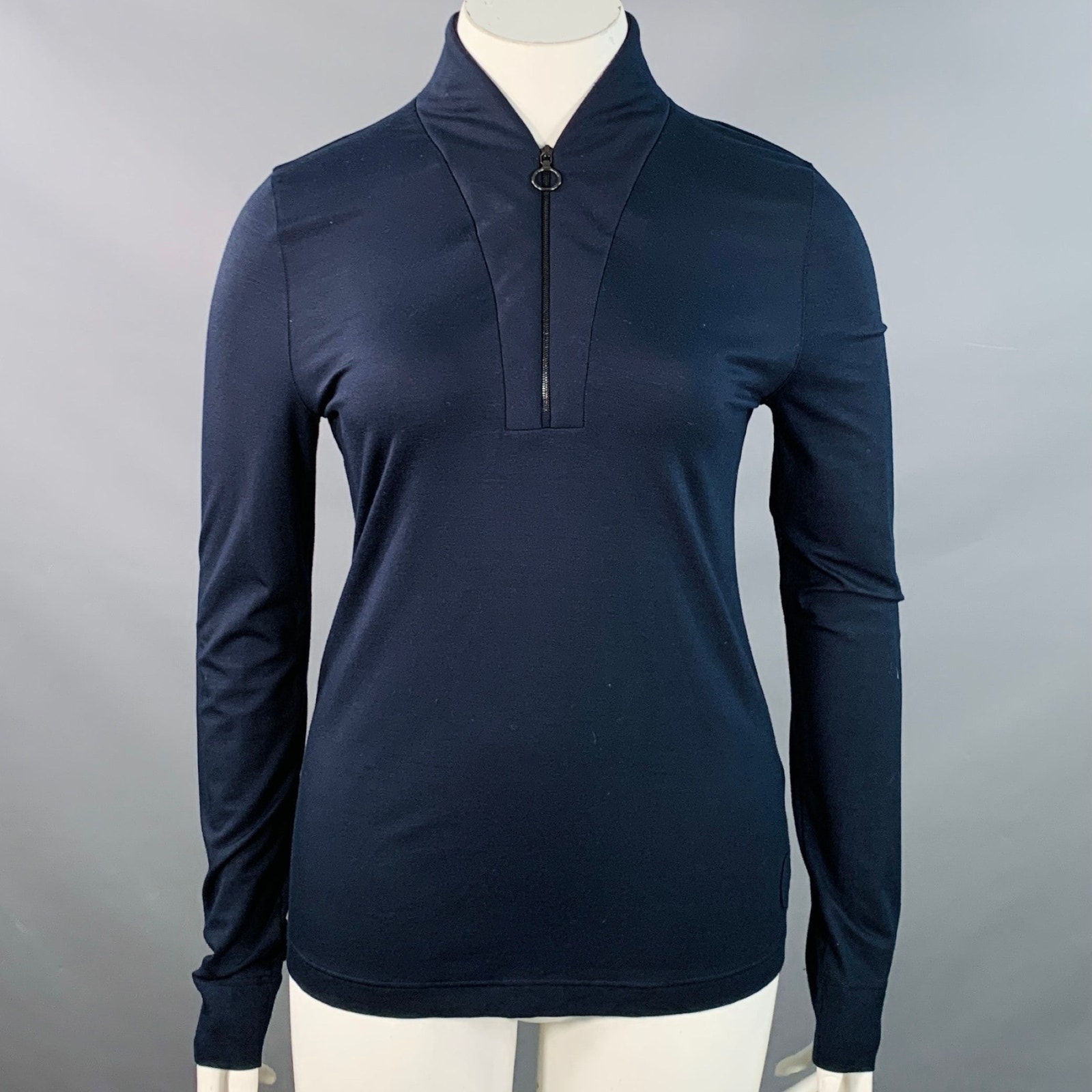 Akris Punto Size 14 Navy Modal Blend Collarless 1/4 Zip Pullover